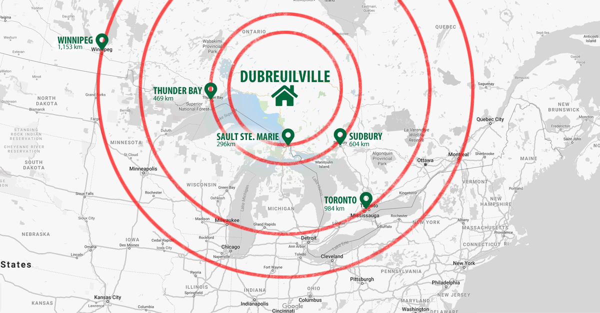Radius map of cities from Dubreuilville